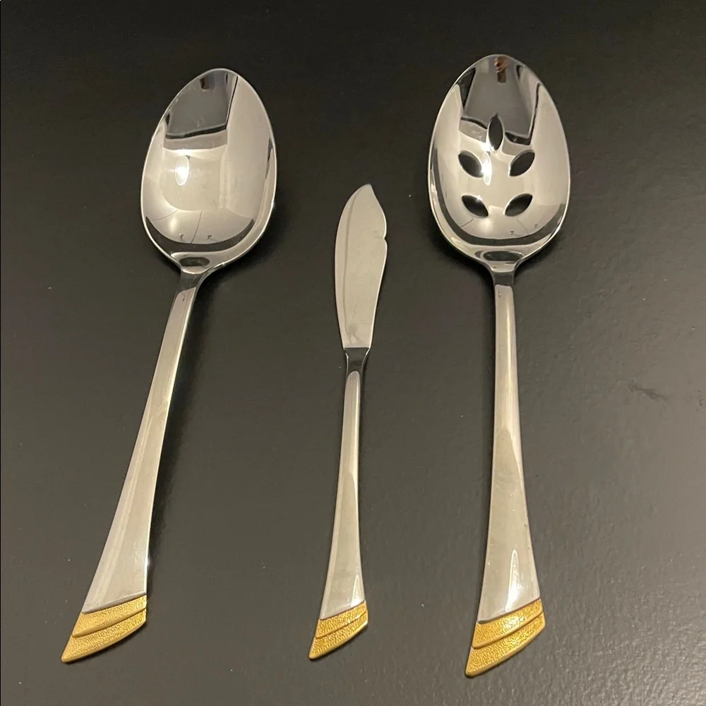 Oneida Golden Stanza Elegant Silver and Gold 3 pc serving  Set NEW Rare